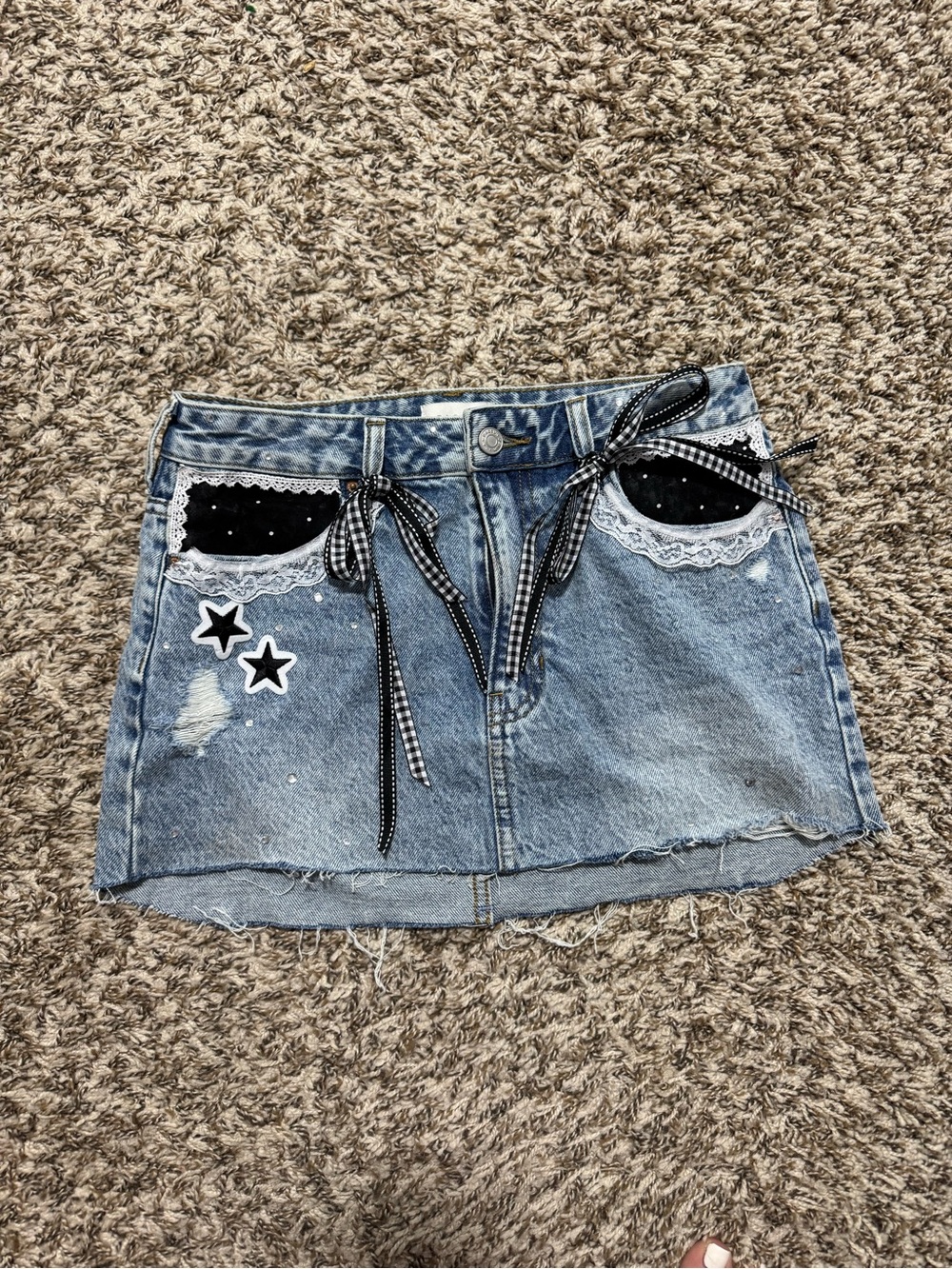 PacSun Light Blue Denim Mini Skirt with Black Lace Pockets
